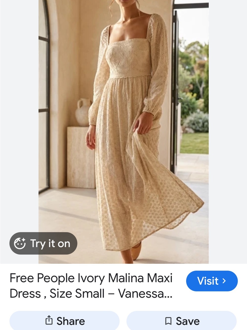 Free People Malina Maxi Ivory Lace Maxi Dress with Square Neck